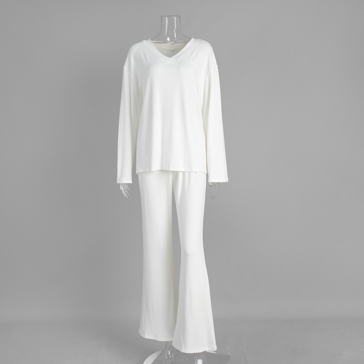 ChicShe Cross-Border V-Neck Sleeve Long Pants Pajama Set European And American 2025 Autumn New Knitted Pajamas Export Home Wear_voghion.com