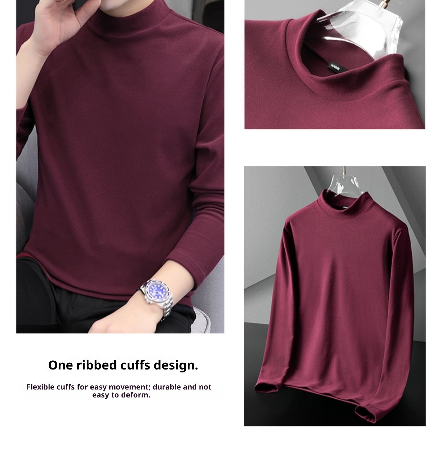 Jungen-Thermo-Langarmshirt mit halboffenem Rollkragen für Männer und Teenager, gefüttert mit dickem Fleece-Unterhemd_voghion.com