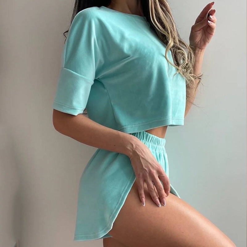 ChicShe In Stock 2025 European And American Summer New Knitted Loose Short Sleeve Crop Top Shorts Pajama Set Wearable For Women_voghion.com