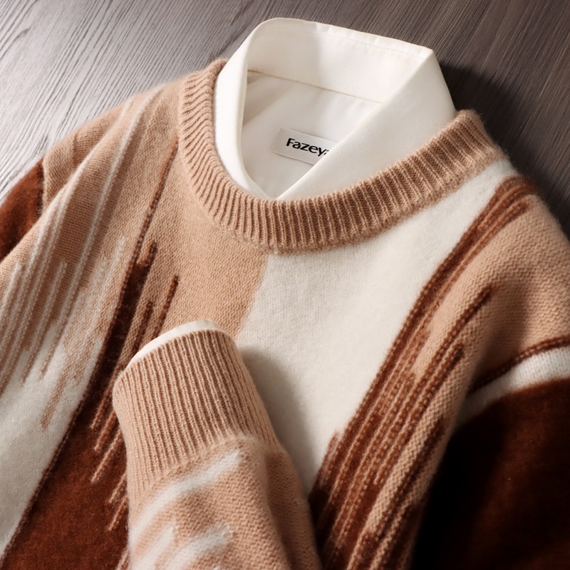 boy Boy Boy 100% Pure Wool Sweater For Men, Round Neck, Color Block Gradient, Thickened, Loose Fit, Business Casual Cashmere Knitted_voghion.com