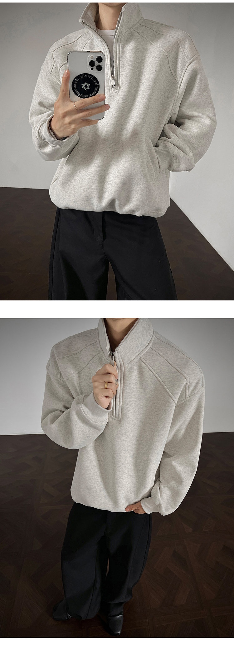 Herren-Sweatshirt im amerikanischen Retro-Stil mit halbem Reißverschluss und Stehkragen, locker geschnitten, Herbst 2025, Modell Heavy Loose Couple Jacket_voghion.com