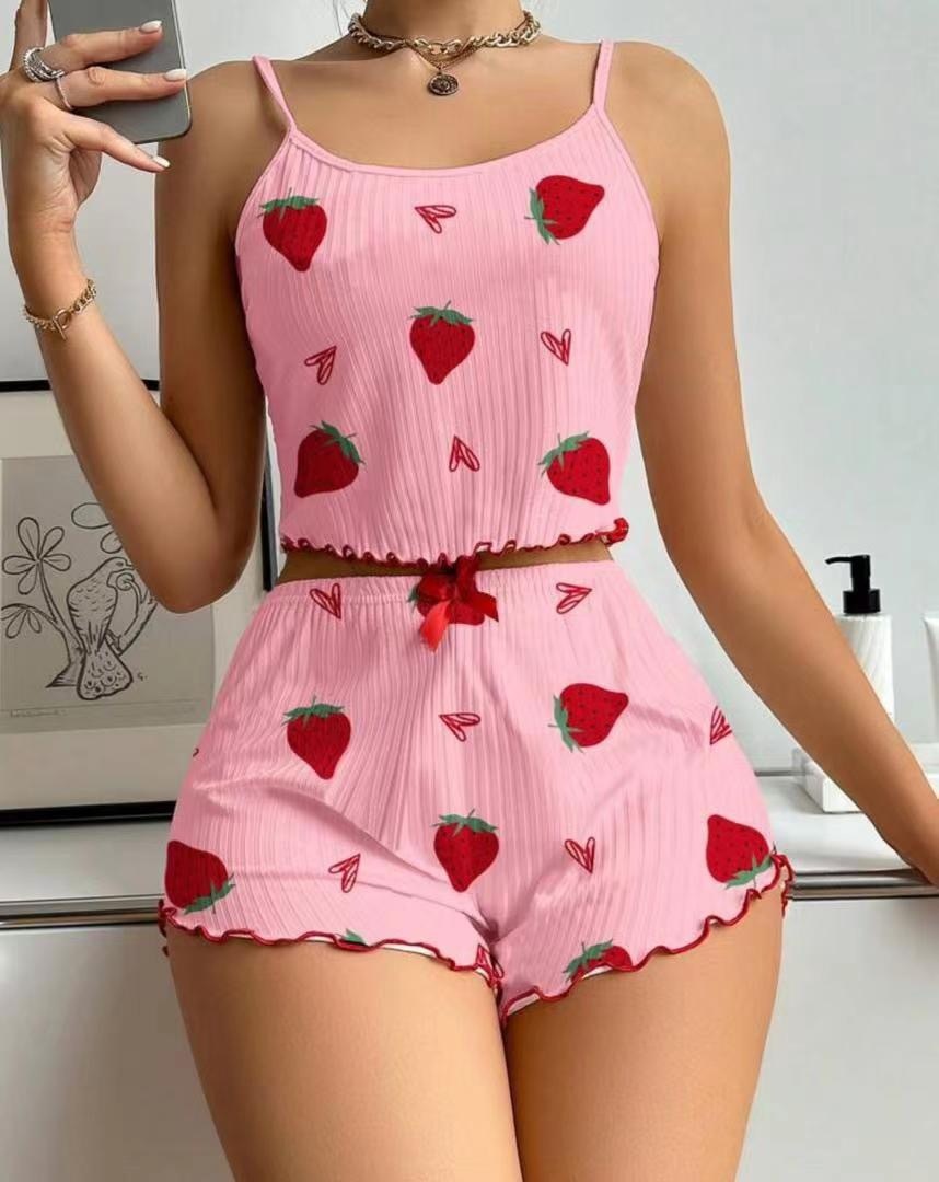 ChicShe European And American Style Women's Pajamas Ribbed Heart Print Sexy Camisole Shorts Homewear Two-Piece Set Cross-Border_voghion.com