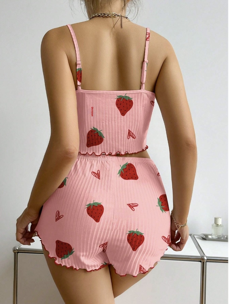 ChicShe European American Cross-Border Strawberry Heart Print Ribbed Pajama For Women With Camisole And Shorts Homewear_voghion.com