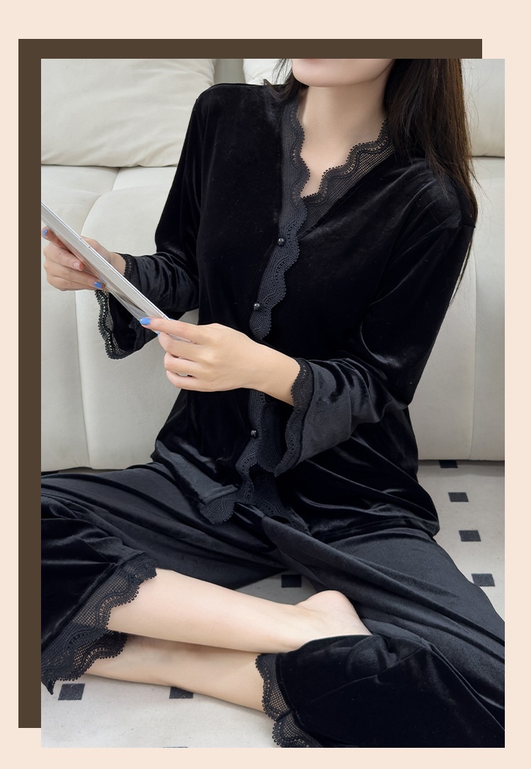 ChicShe Beautiful Velvet Pajamas Autumn Winter Women Lace Cardigan Long Sleeve Set Sexy Elegant Wearable Homewear_voghion.com