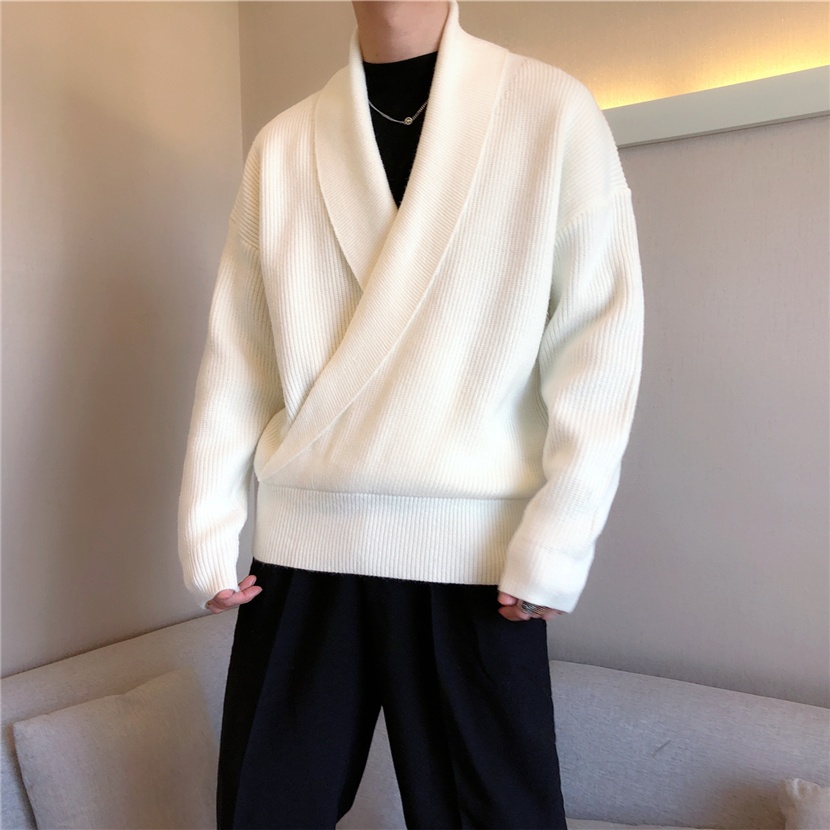 Südkorea, Herbst und Winter, einfarbig, großer V-Ausschnitt, drapierter Schnitt, lässiger Strickpullover für Herren, locker und bequem_voghion.com