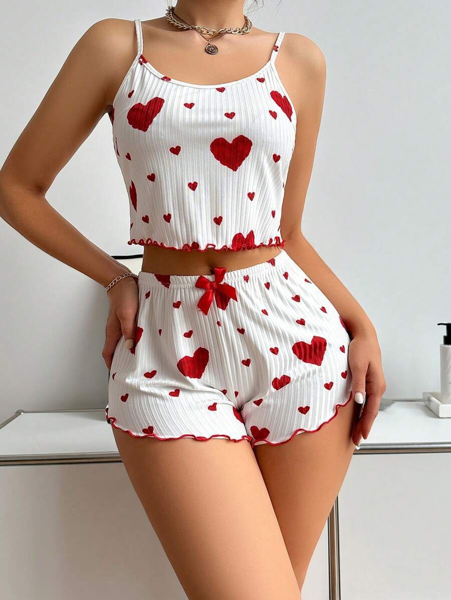 ChicShe Cross-Border Hot-Selling Women's Homewear Heart Print Camisole Shorts Casual Ribbed Wearable European And American Style_voghion.com