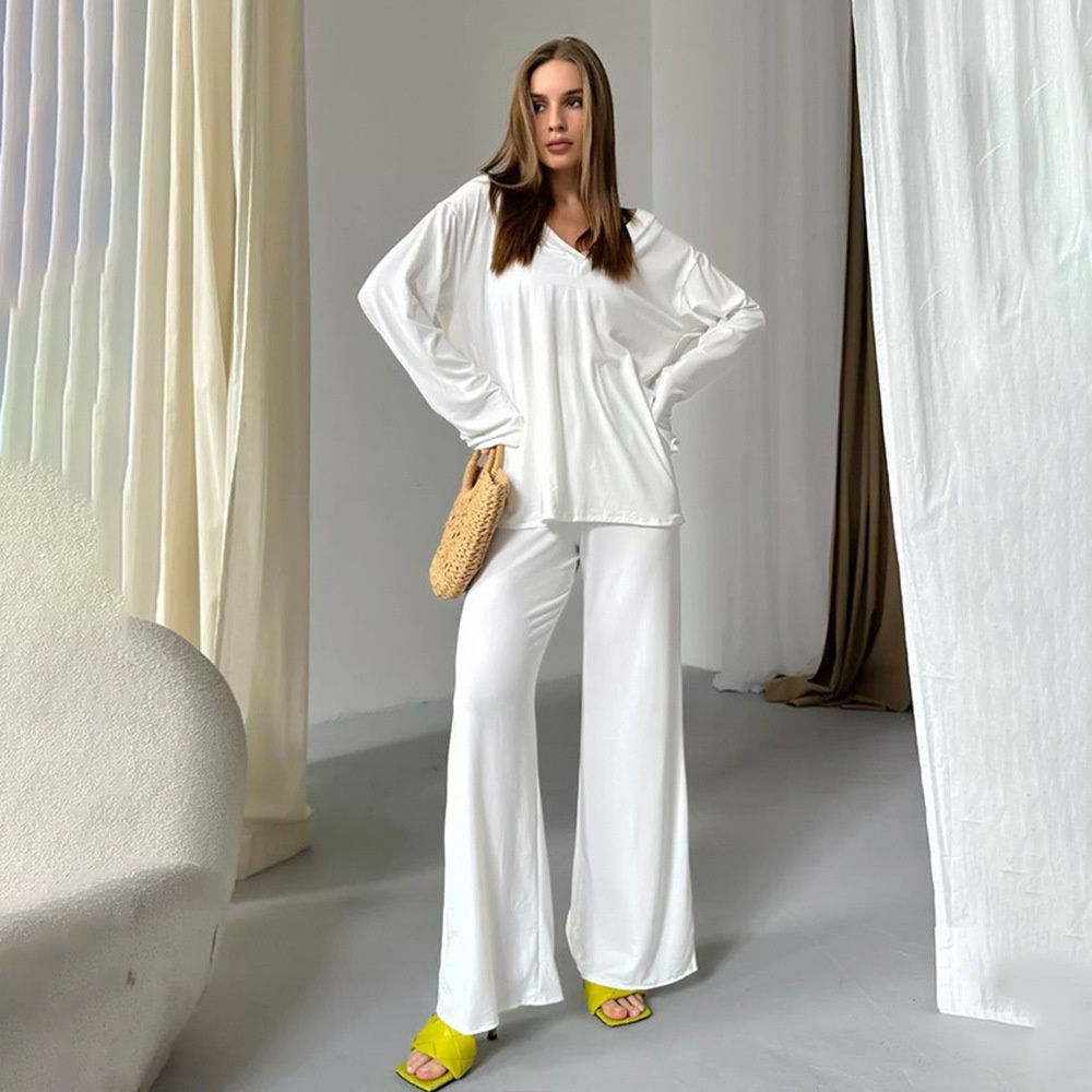 ChicShe Cross-Border V-Neck Sleeve Long Pants Pajama Set European And American 2025 Autumn New Knitted Pajamas Export Home Wear_voghion.com