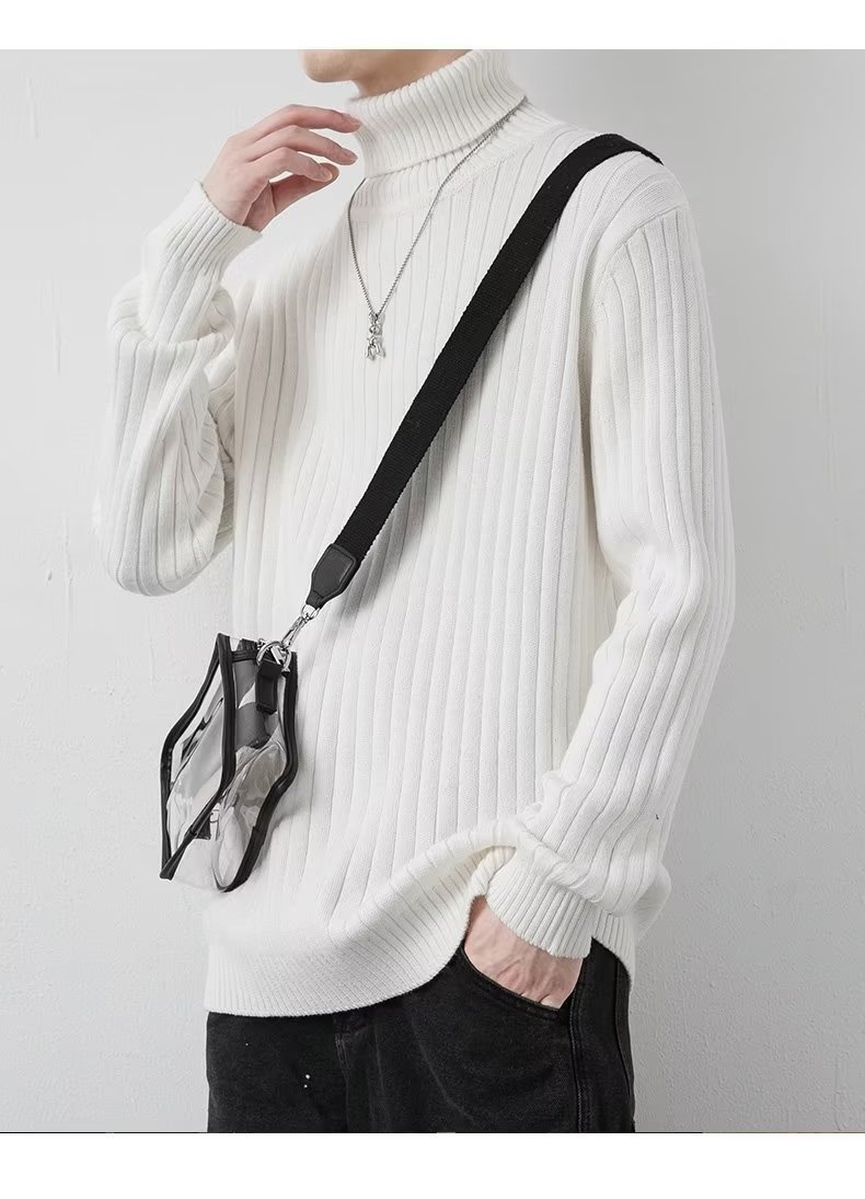 boy Tuleneck For Men Autumn Winter Simple Solid Color Trendy Brand Knitted Slim Fit Warm Turn-down Collar Sweater Base_voghion.com