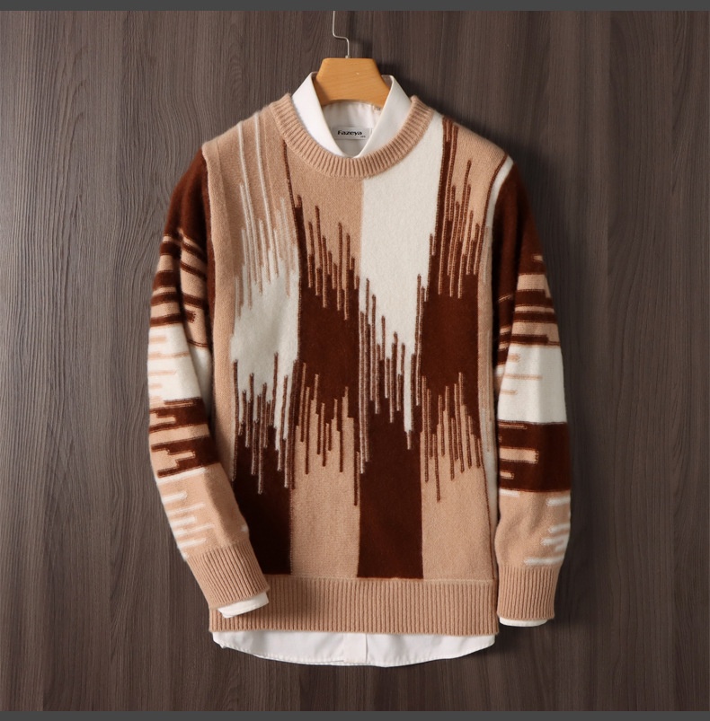 boy Boy Boy 100% Pure Wool Sweater For Men, Round Neck, Color Block Gradient, Thickened, Loose Fit, Business Casual Cashmere Knitted_voghion.com