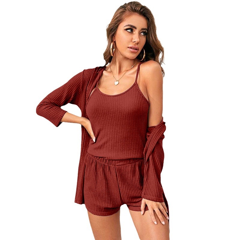 ChicShe Waffle Weave Wearable Three-Piece Homewear For Women With Camisole, Shorts, Robe, Bathrobe, And Casual Pajamas Set W0253_voghion.com