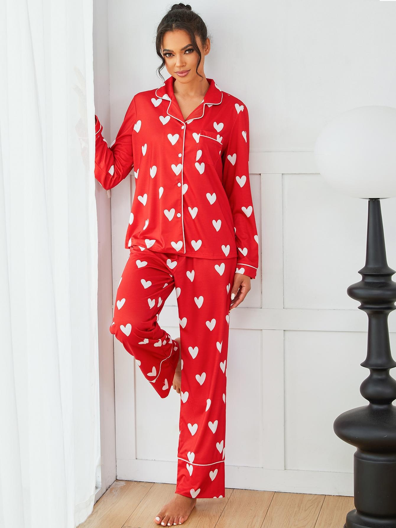 ChicShe European American Cross-Border Women's Pajamas Autumn Winter Heart Print Long Sleeve Shirt And Pants Two-Piece_voghion.com