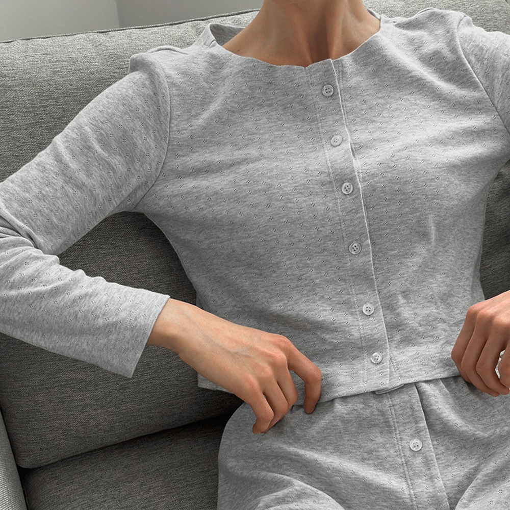 ChicShe Cross-Border Gray Long-Sleeve Shorts Pajama Set European And American 2025 Spring New Knitted Pajamas Export Home Wear_voghion.com