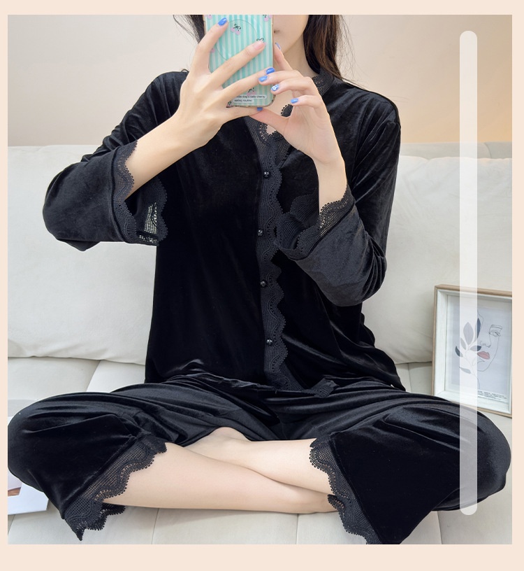 ChicShe Beautiful Velvet Pajamas Autumn Winter Women Lace Cardigan Long Sleeve Set Sexy Elegant Wearable Homewear_voghion.com