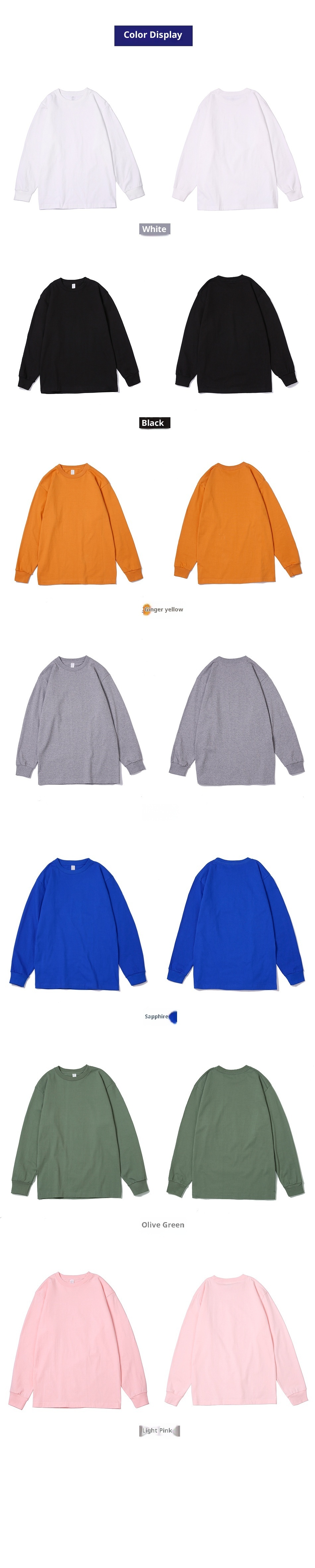 T-shirt unisexe à manches longues, col rond, 250 g, en pur coton japonais épais, coupe ample, sans coutures, fond blanc._voghion.com