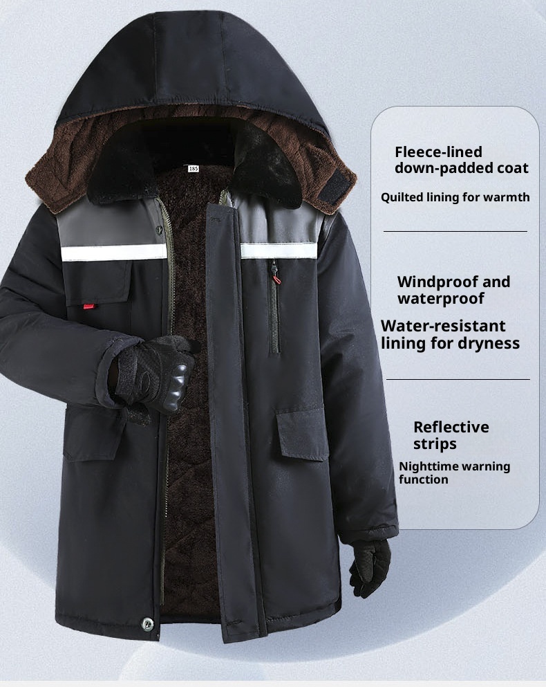 boy Reflective Strip Large Pocket Fleece Lined Thickened Warm Workwear Jacket Men's Wear-Resistant Windproof Waterproof_voghion.com