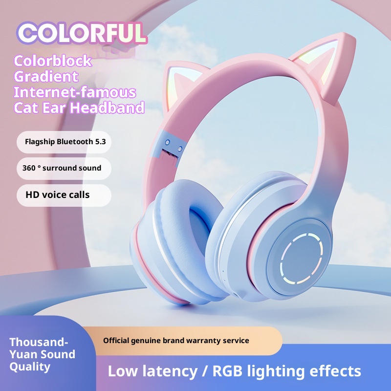 Cuffie Bluetooth luminose 3c, over-ear, con orecchie di gatto, colore sfumato, cuffie da gioco di alto valore, regalo universale per lezioni online_voghion.com