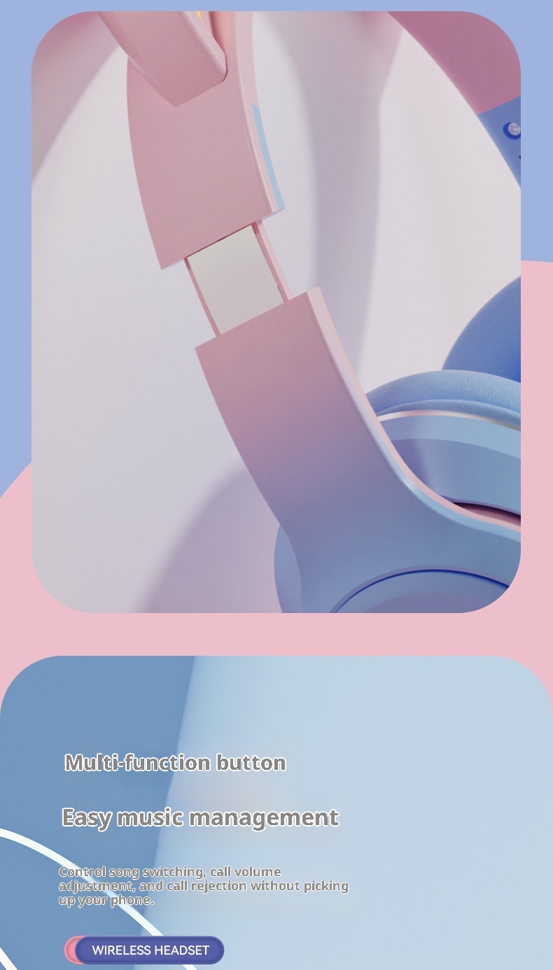 Cuffie Bluetooth luminose 3c, over-ear, con orecchie di gatto, colore sfumato, cuffie da gioco di alto valore, regalo universale per lezioni online_voghion.com