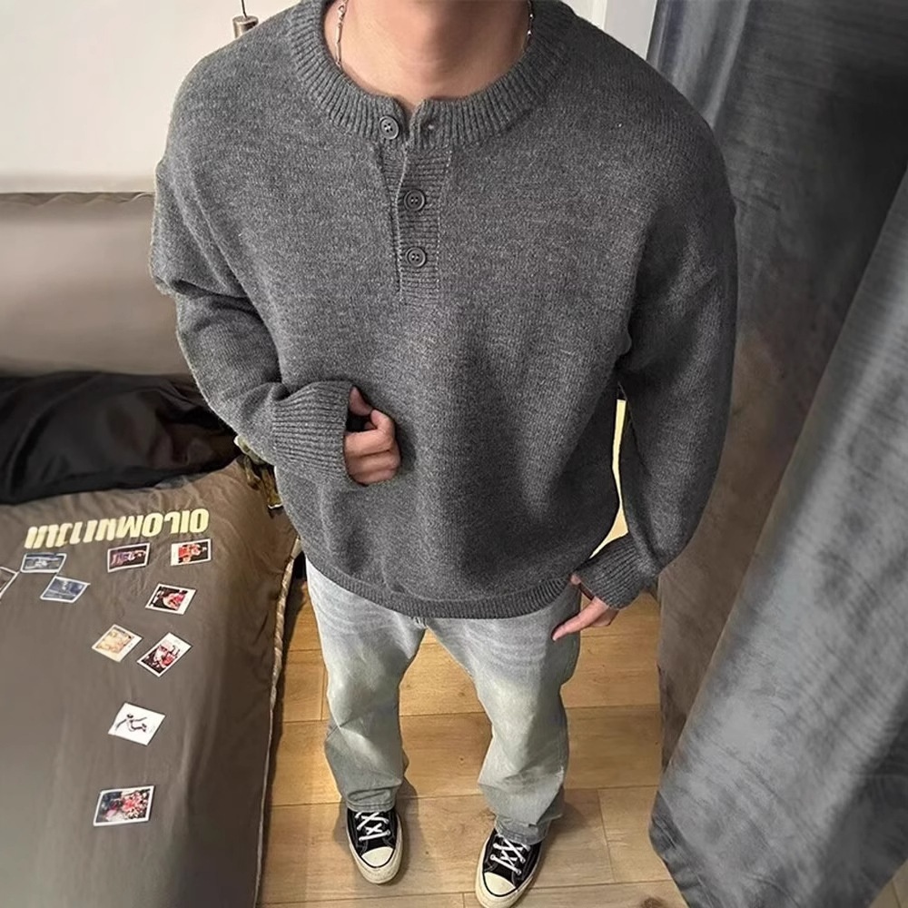 boy 2025 Henry Collar Spring Casual Inner Layer Base Shirt American Cool Men's Knitted Sweater Autumn And Winter Style_voghion.com