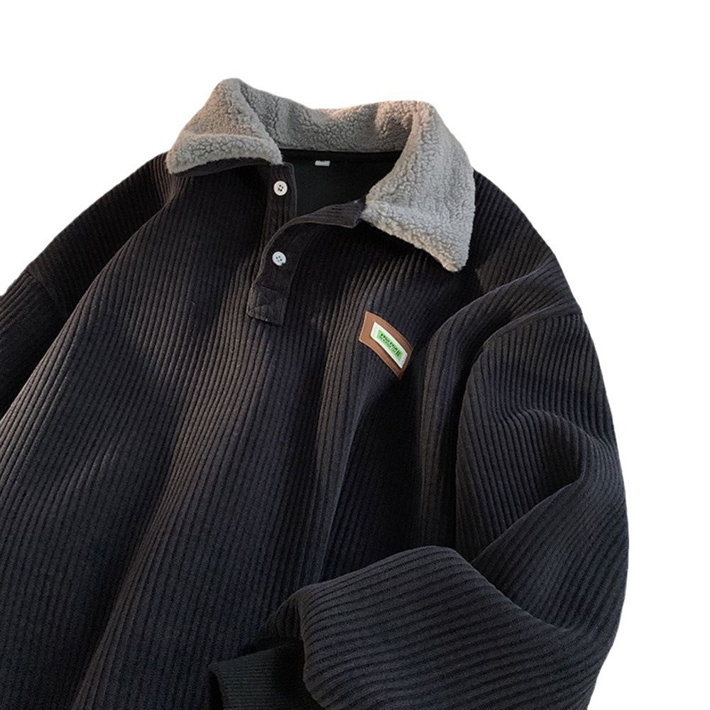 Felpa unisex in velluto a coste per studenti, foderata in pile, spessa, autunno inverno, chic, stile Hong Kong, casual, calda, con colletto polo_voghion.com