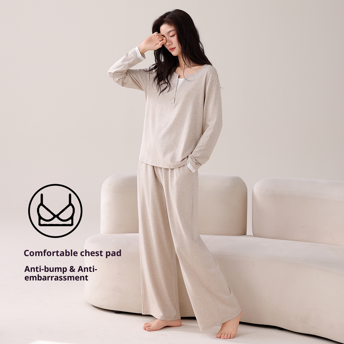 ChicShe 2025 New Women's Pajamas With Chest Pads Modal Cotton Long Sleeve Spring And Autumn Simple Homewear Set_voghion.com