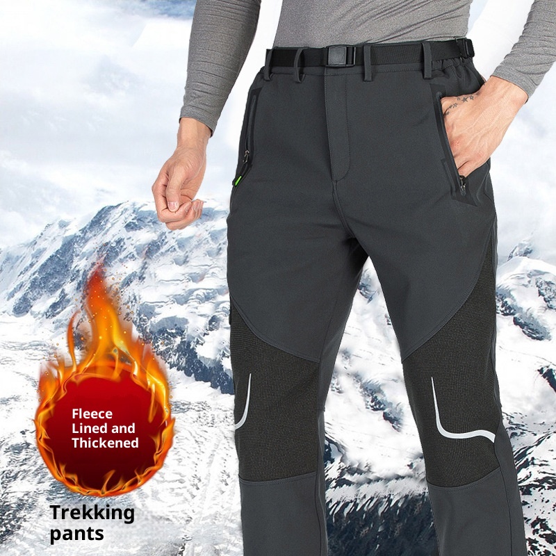 001 Plus Size Men's Outdoor Fleece Skiing Hiking Autumn Winter Thickened Warm Waterproof Wear-resistant Soft Shell Pants_voghion.com