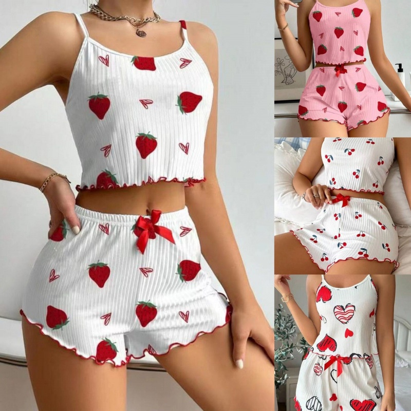 ChicShe European And American Style Women's Pajamas Ribbed Heart Print Sexy Camisole Shorts Homewear Two-Piece Set Cross-Border_voghion.com