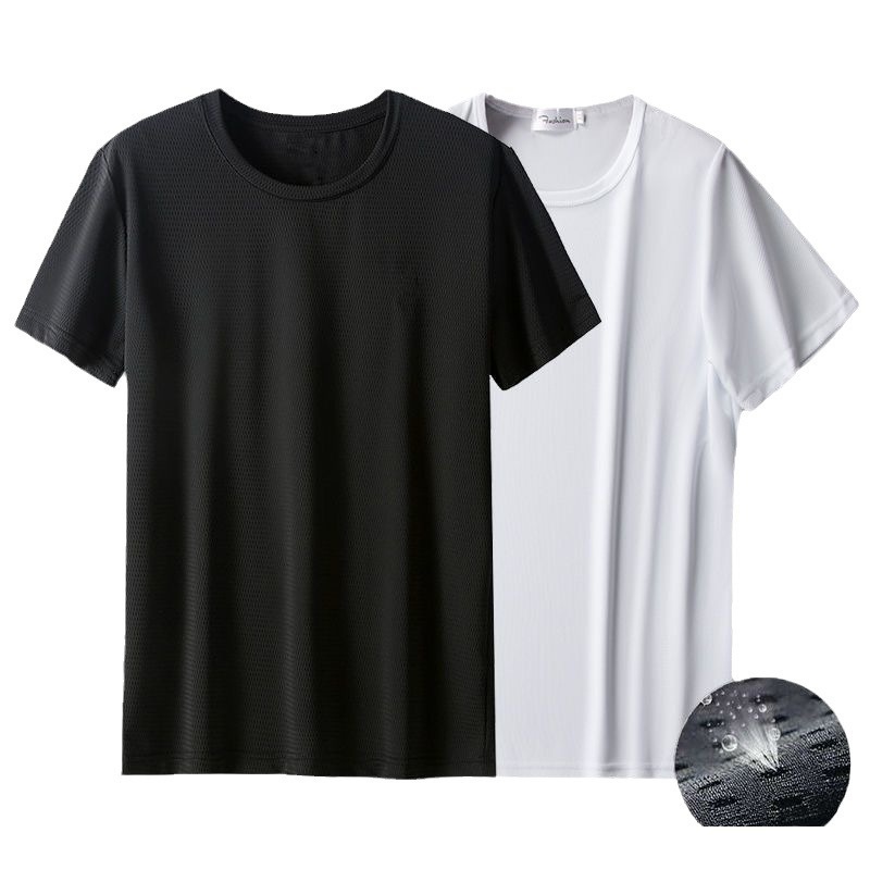 Maglietta corta da uomo in seta ghiacciata alla moda, mezza manica in tinta unita, scollo rotondo, maglietta sottile di grandi dimensioni per la mezza età_voghion.com