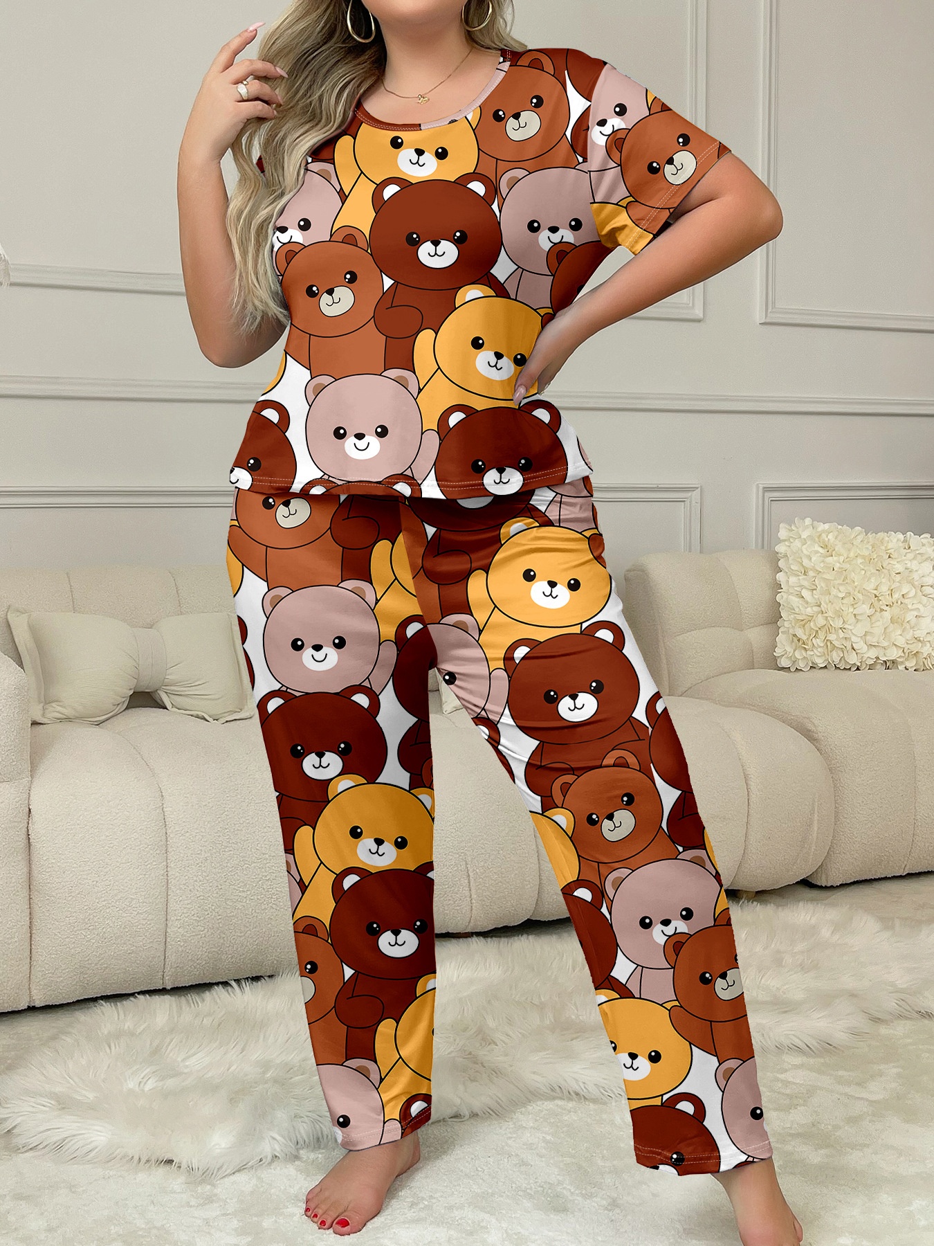 ChicShe European And American Style Cro-Border Plu Size Women' Looe Short Sleeve Heart Print Long Pant Set Homewear_voghion.com