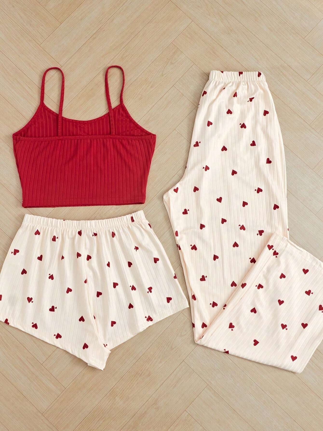 ChicShe Cross-Border Heart Strap Three-Piece Homewear Ribbed Print Casual Foreign Trade European American Style Women's Pajamas_voghion.com