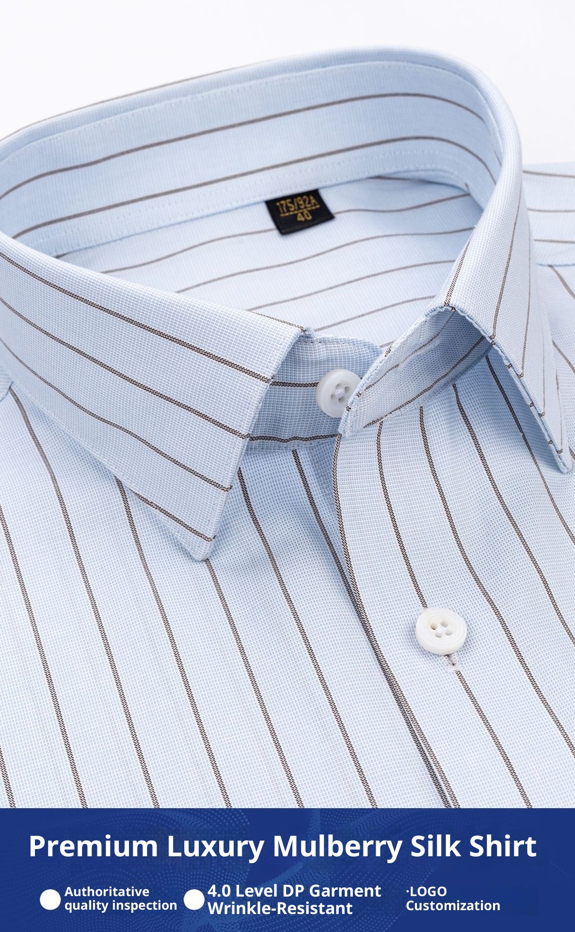 ForMen DP Bügelfreies, leichtes und hochwertiges Business-Casual-Hemd aus Maulbeerseide mit blauen Streifen, 200 Fäden pro Zoll._voghion.com