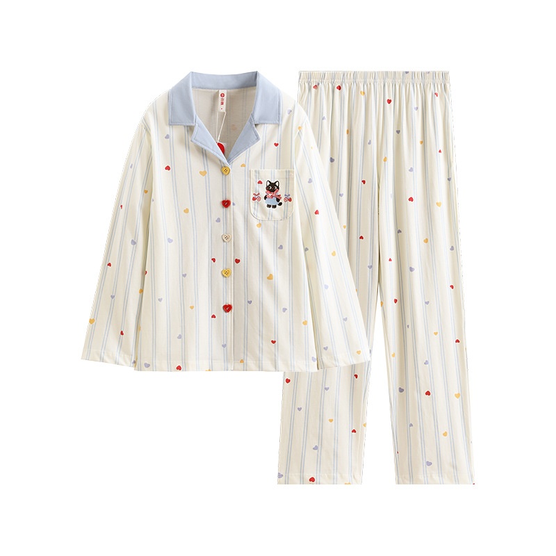 ChicShe Sleep Spring And Autumn New Long Sleeve Women's Pajamas Striped Cute Cartoon Loose Cotton Homewear Set_voghion.com