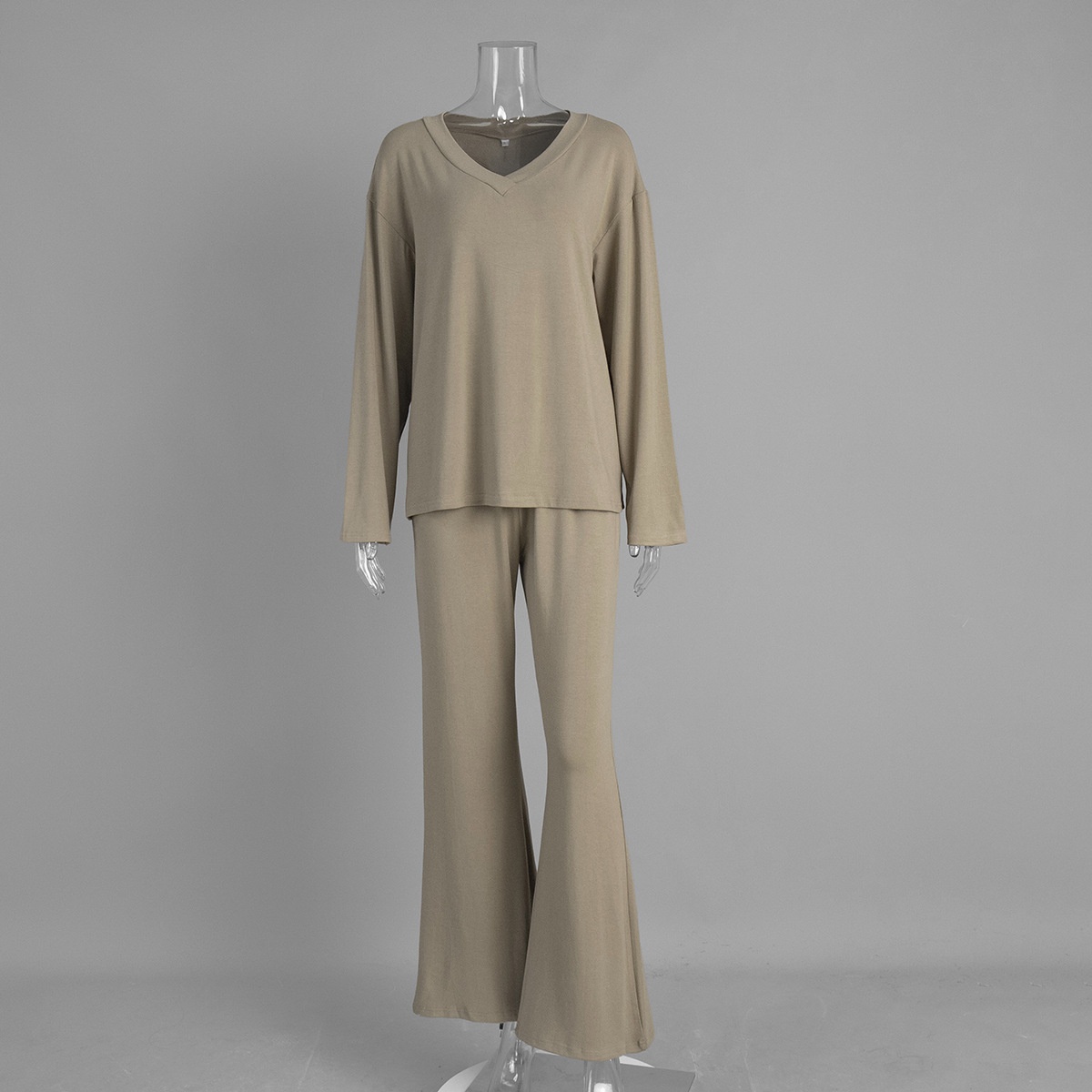 ChicShe Cross-Border V-Neck Sleeve Long Pants Pajama Set European And American 2025 Autumn New Knitted Pajamas Export Home Wear_voghion.com