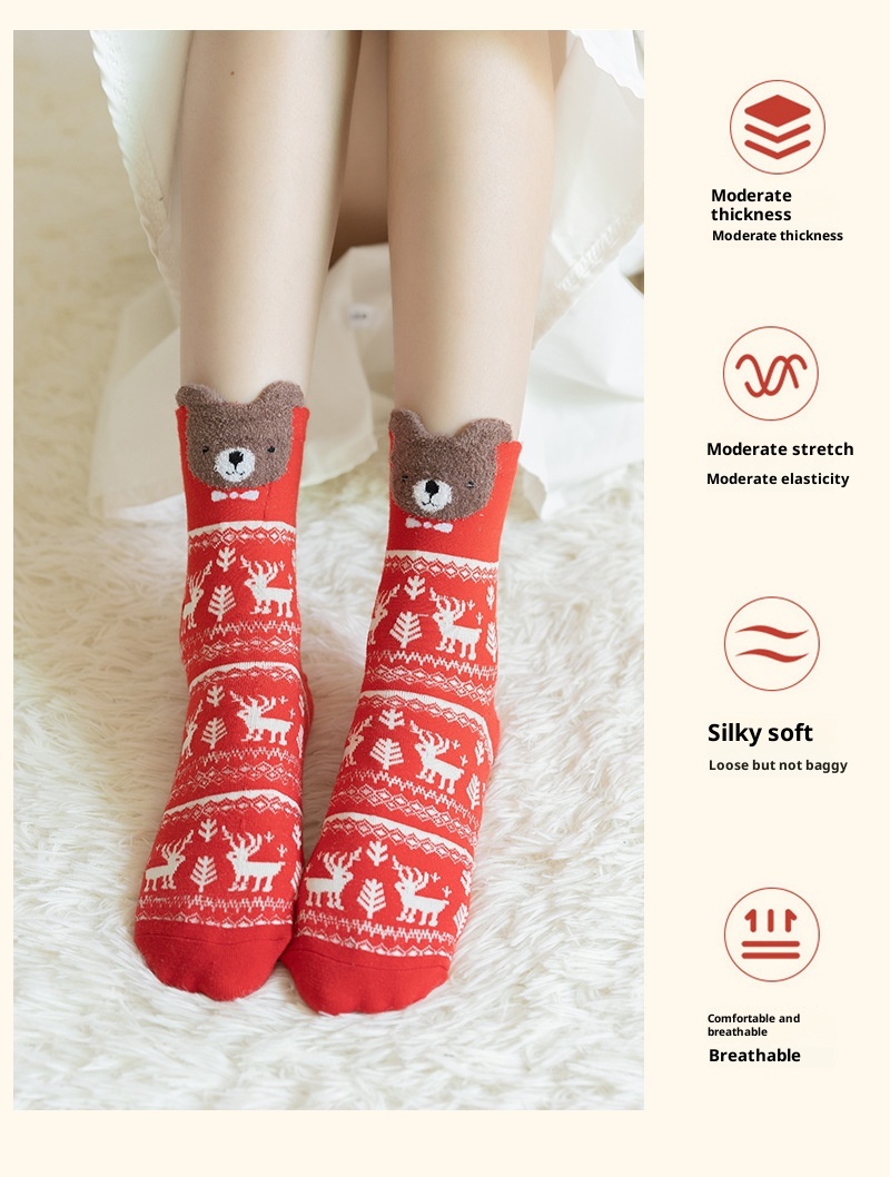 Lillian Weihnachtssocken für Damen, Herbst/Winter, festlicher japanischer Stil, Baumwolle, 3D-Cartoon-Rentier, Cross-Border, wadenlang_voghion.com