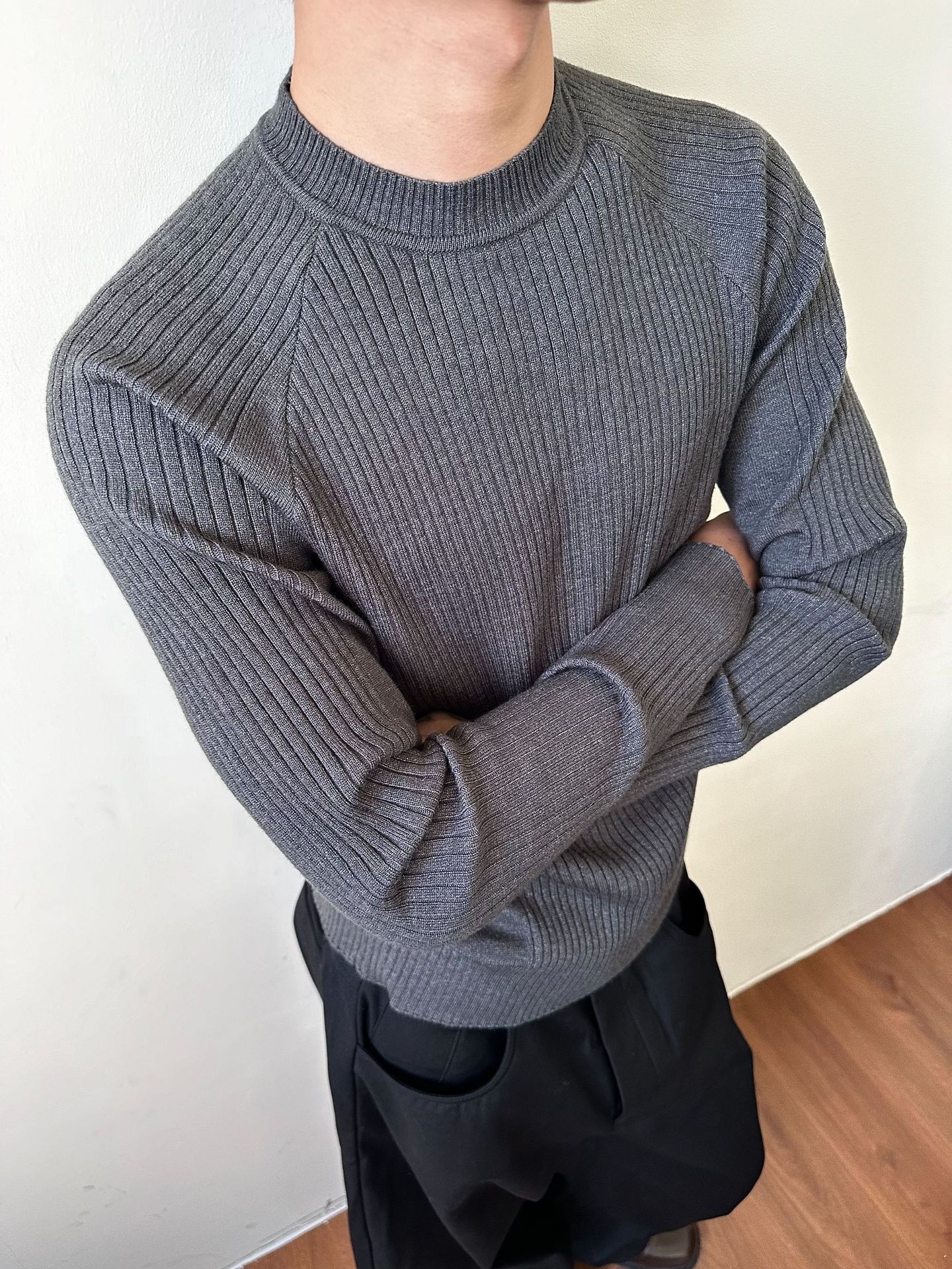 ragazzo MADEEXTREME Maglione largo a coste Old Money Slim Fit Manica lunga Strato base Girocollo Unisex_voghion.com