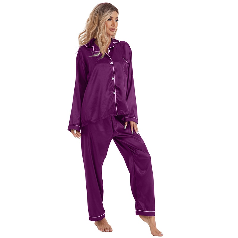 ChicShe European And American Foreign Trade Home Wear Lapel Ice Silk Pajamas Women's Sleeve Long Pants Two-Piece Set Plus Size_voghion.com