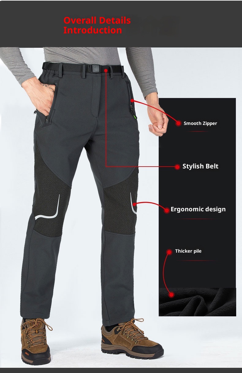 001 Plus Size Men's Outdoor Fleece Skiing Hiking Autumn Winter Thickened Warm Waterproof Wear-resistant Soft Shell Pants_voghion.com