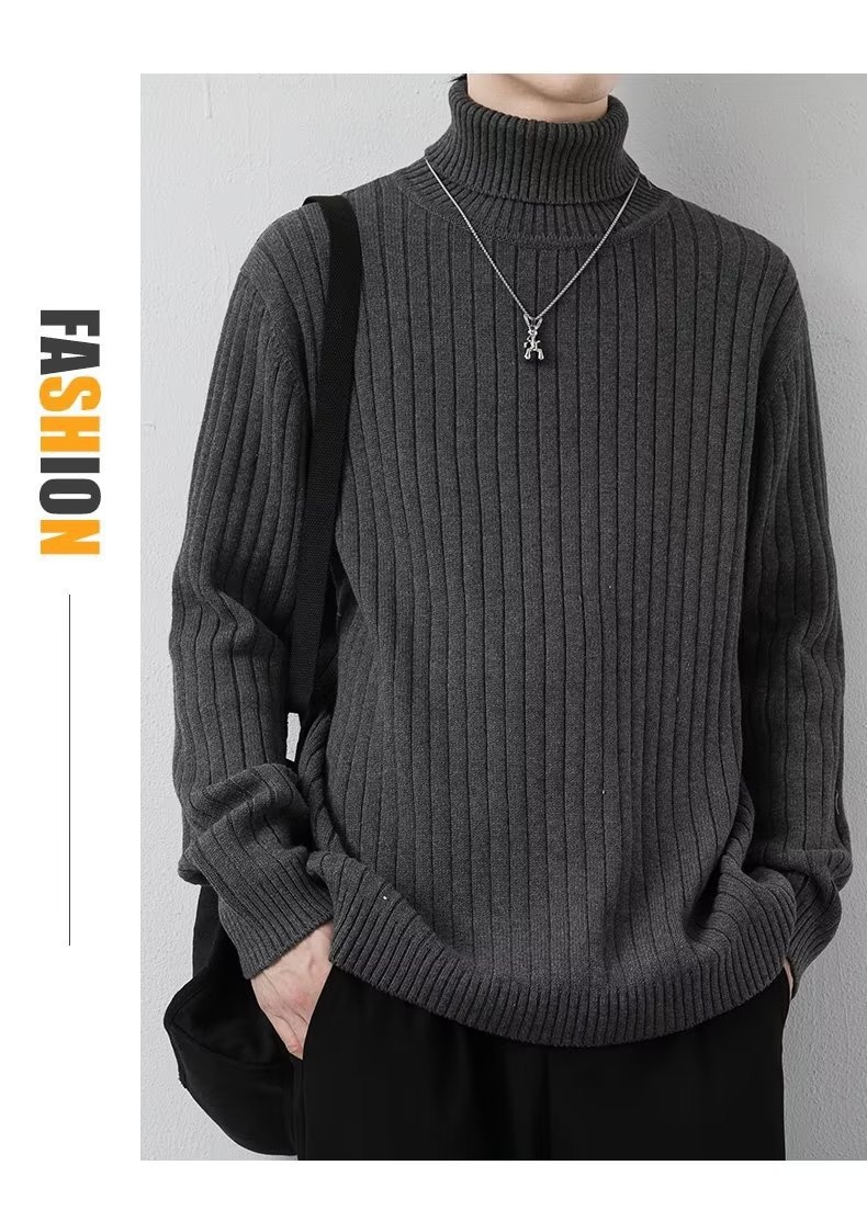 boy Tuleneck For Men Autumn Winter Simple Solid Color Trendy Brand Knitted Slim Fit Warm Turn-down Collar Sweater Base_voghion.com