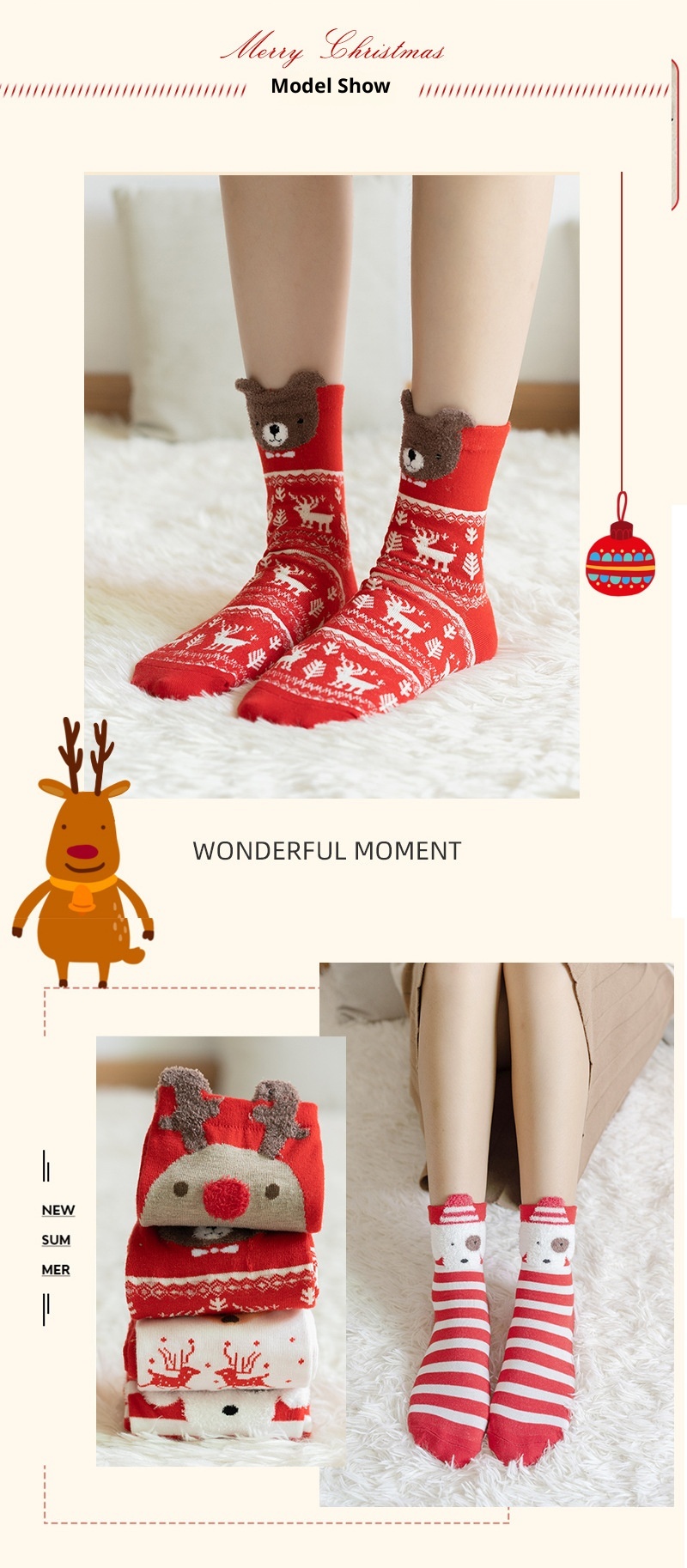 Lillian Weihnachtssocken für Damen, Herbst/Winter, festlicher japanischer Stil, Baumwolle, 3D-Cartoon-Rentier, Cross-Border, wadenlang_voghion.com