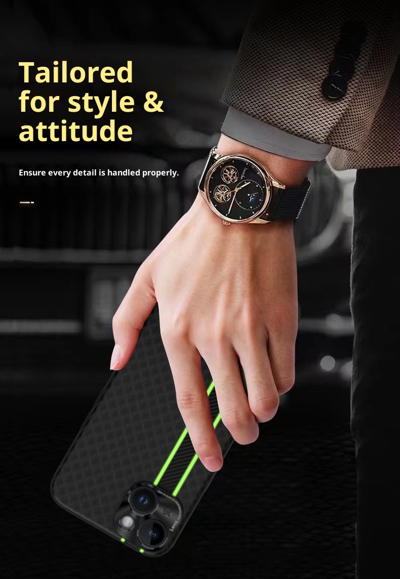 Custodia in fibra di carbonio TechGlobe Business per iPhone 15 Plus con strisce fluorescenti, custodia in pelle per iPhone 14 Pro Max, 13 XR_voghion.com