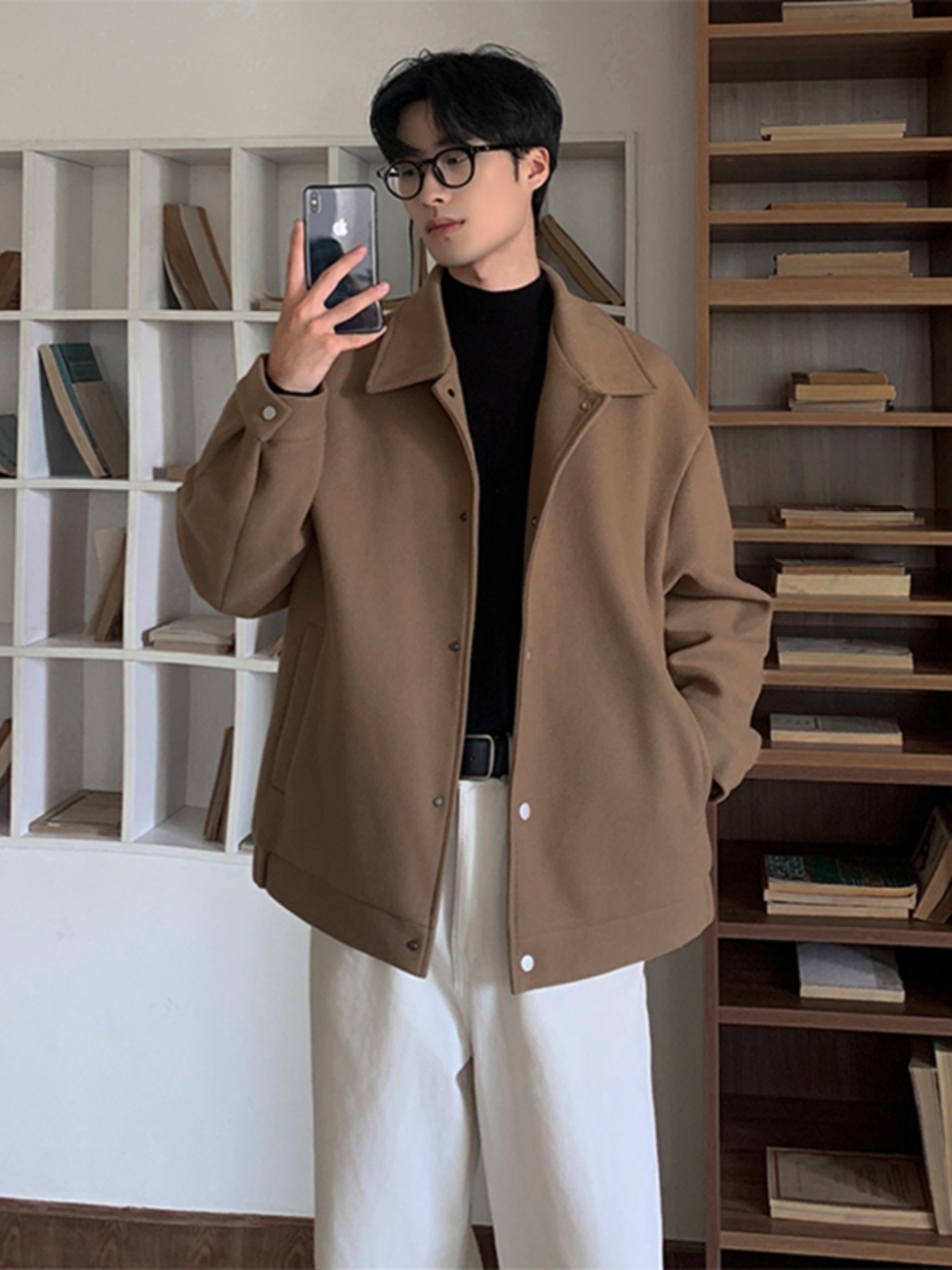 boy Mature And Stable Men's Gray Lapel Jacket Autumn Korean Style Cleanfit Loose Wool Coat Outerwear_voghion.com