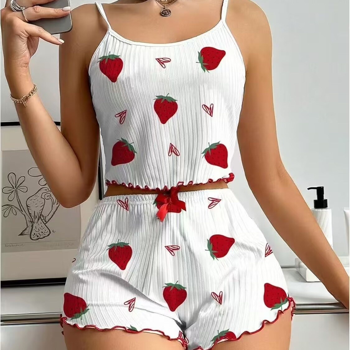 ChicShe European American Cross-Border Strawberry Heart Print Ribbed Pajama For Women With Camisole And Shorts Homewear_voghion.com
