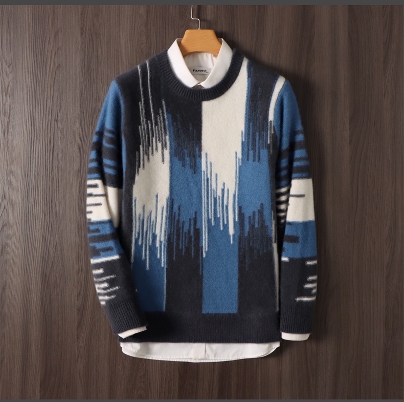 boy Boy Boy 100% Pure Wool Sweater For Men, Round Neck, Color Block Gradient, Thickened, Loose Fit, Business Casual Cashmere Knitted_voghion.com