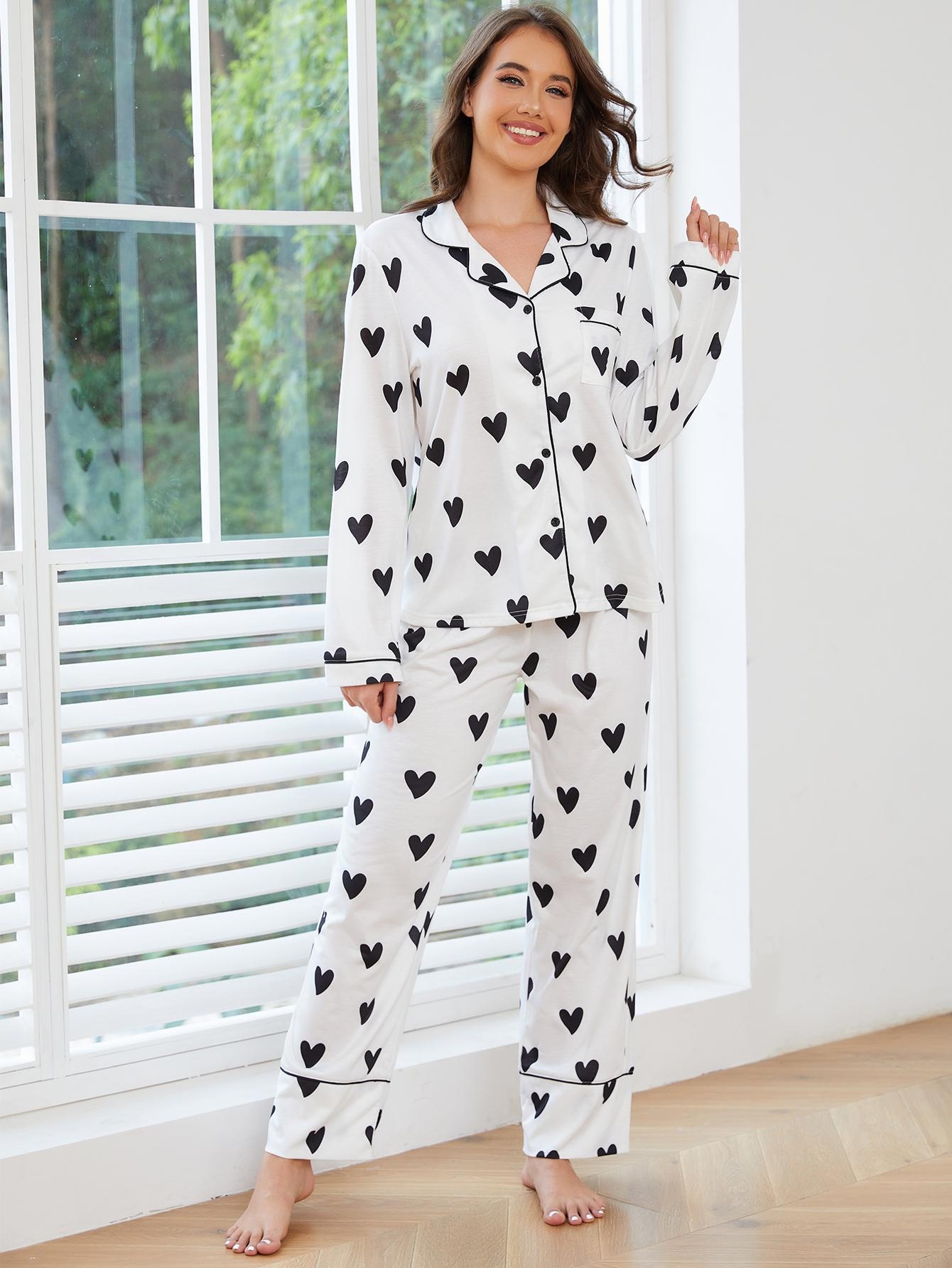 ChicShe European American Cross-Border Women's Pajamas Autumn Winter Heart Print Long Sleeve Shirt And Pants Two-Piece_voghion.com