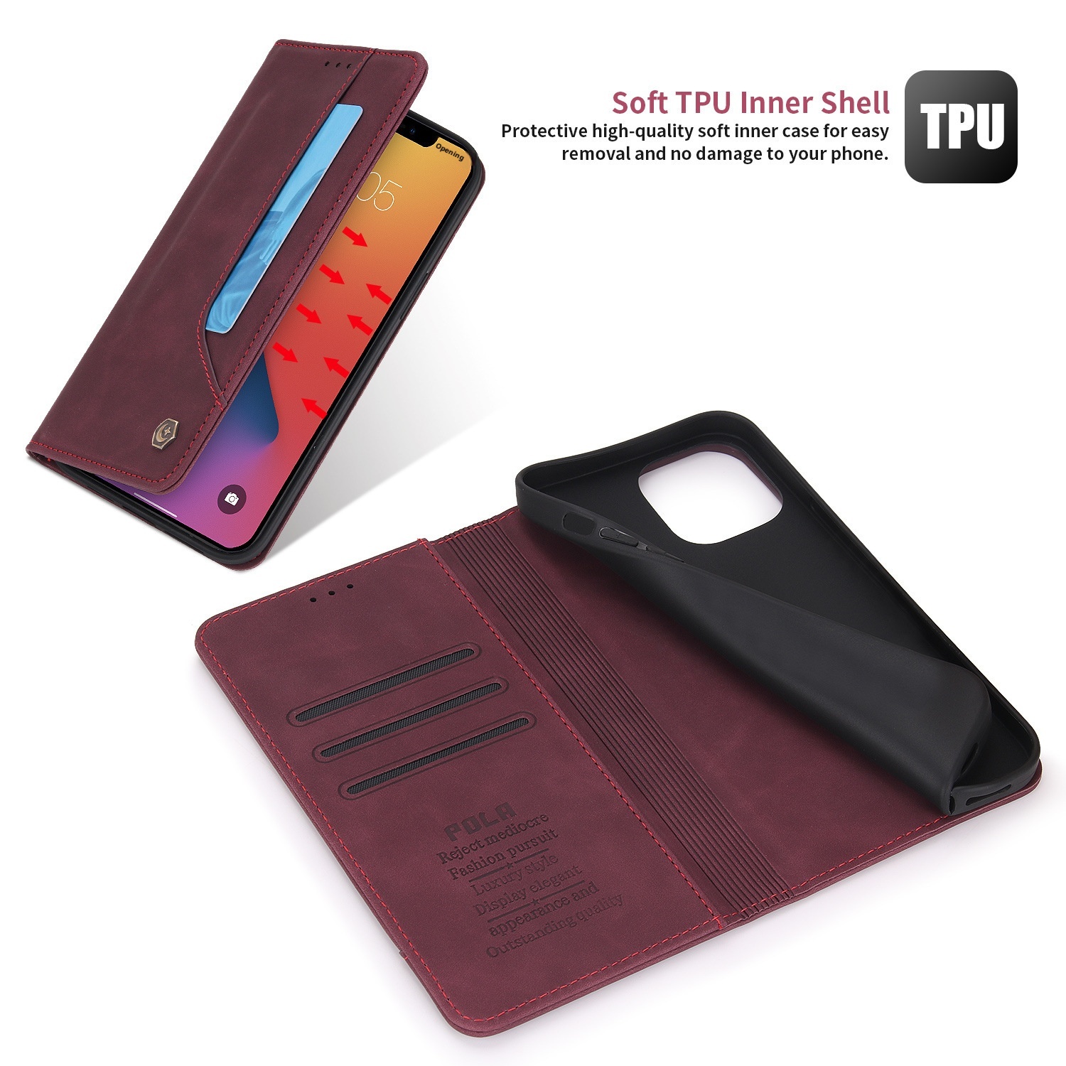 Custodia a portafoglio in pelle con slot per schede NFC e flip cover in PU con effetto pelle al tatto, adatta per iPhone 12 P40_voghion.com