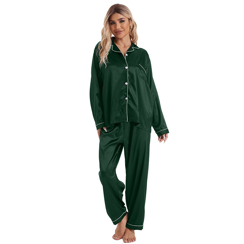ChicShe European And American Foreign Trade Home Wear Lapel Ice Silk Pajamas Women's Sleeve Long Pants Two-Piece Set Plus Size_voghion.com