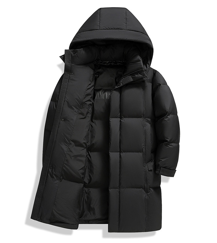 Winterjacke für Herren, Modell 2025: Lange, dicke, warme, weiße Daunenjacke mit Kapuze – perfekt für Männer mittleren Alters und Väter._voghion.com