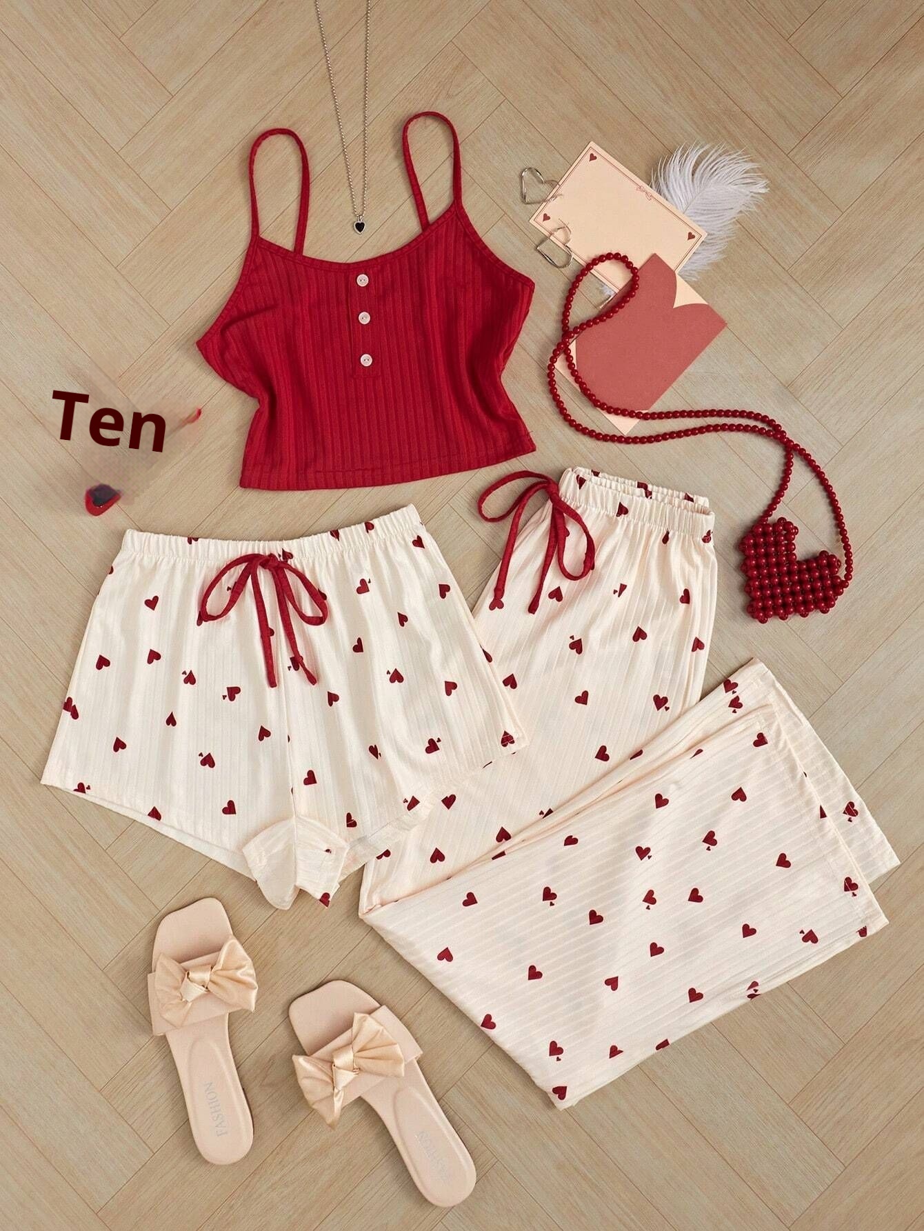 ChicShe Cross-Border Heart Strap Three-Piece Homewear Ribbed Print Casual Foreign Trade European American Style Women's Pajamas_voghion.com