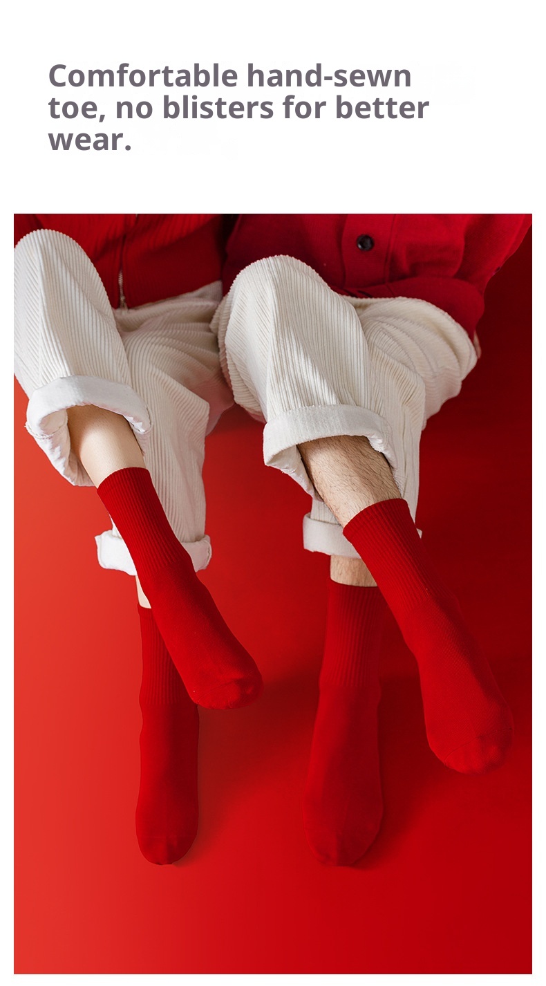 Lillian Zodiac Year Red Men's Autumn And Winter Deodorant Sweat-Absorbing Cotton Women's Seamless Mid-Calf Couple's Christmas_voghion.com