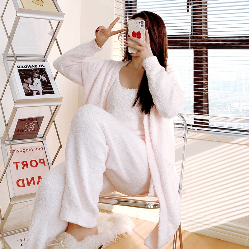 ChicShe Soft Fluffy Women's Pajamas Autumn Winter Three-Piece Set Thickened Cardigan Knitted Home Wear European And American_voghion.com