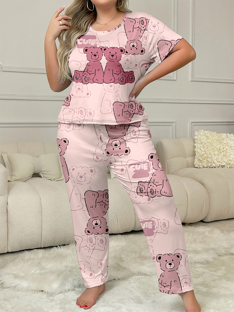 ChicShe European And American Cross-Border Plus Size Women's Pajamas Summer Loose T-Shirt Short Sleeve Heart Print Long Pants_voghion.com